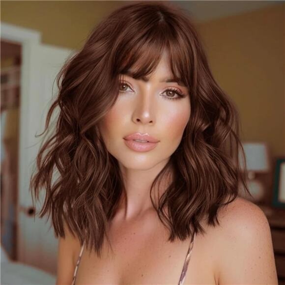 Reddish Brown Wig with Bangs Short Wavy Wigs for Women Shoulder Length